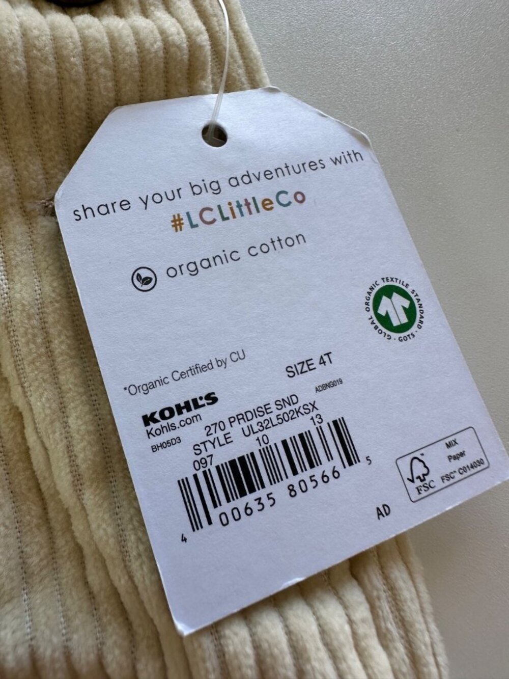 Little Co. Toddler 4T Ivory Corduroy Overall Organic Cotton NEW - Picture 3 of 8